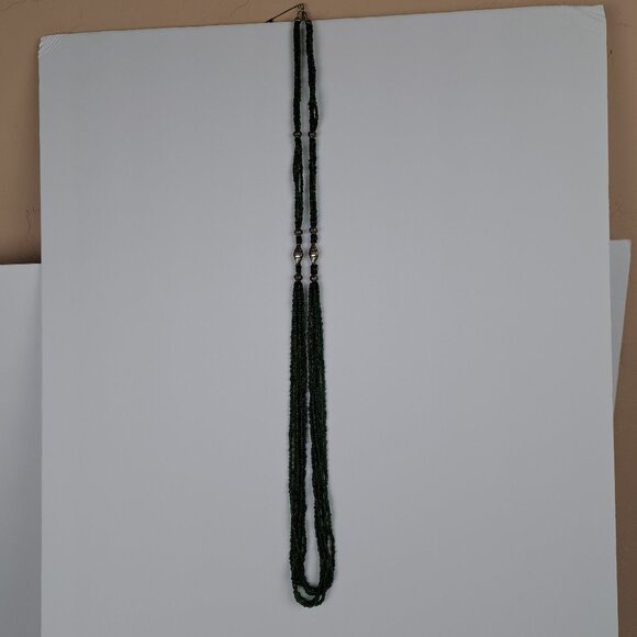 Long Multi Strand Green Glass Seed Bead Necklace w/ Silver Tone Beads - Picture 4 of 16
